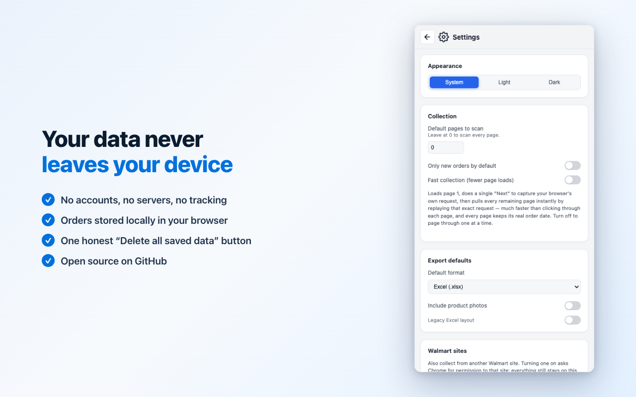 Privacy summary: on-device storage, no telemetry